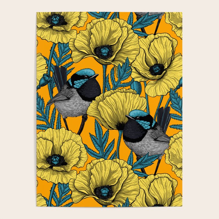 Fairy wren and poppies in yellow Poster Gallery Image 4