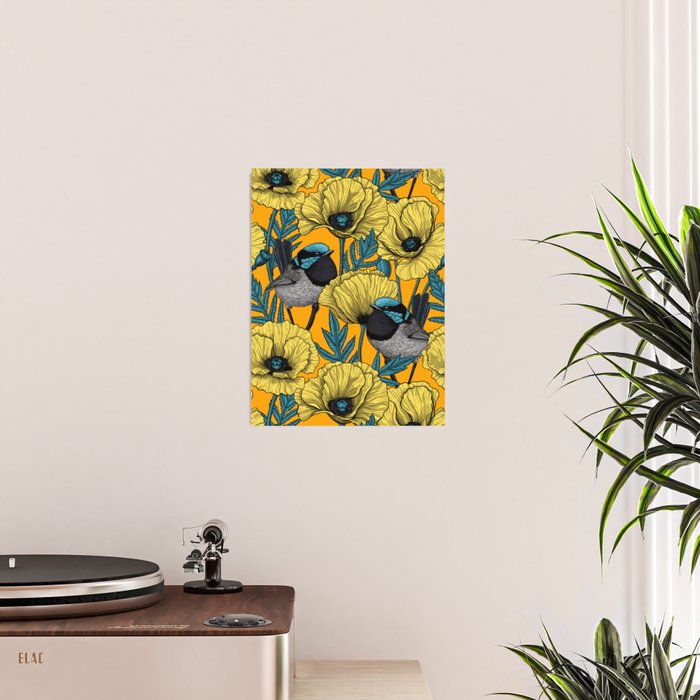 Fairy wren and poppies in yellow Poster Gallery Image 2