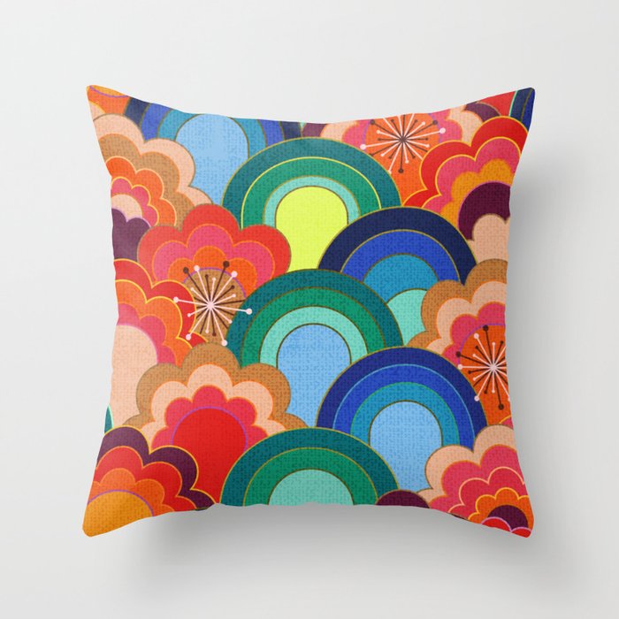 70s rainbow flowers sunset colors Throw Pillow Gallery Image 1