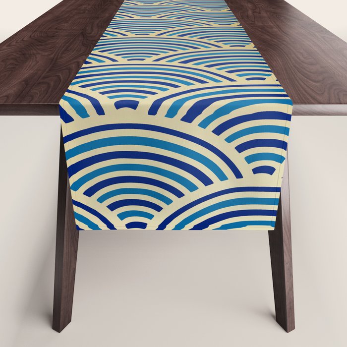 Festive, Art Deco, Wave, Pattern, Blue and Gold Table Runner Gallery Image 1