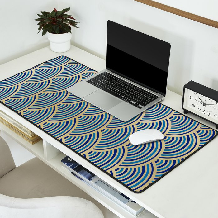 Festive, Art Deco, Wave, Pattern, Blue and Gold Desk Mat Gallery Image 2