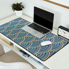 Festive, Art Deco, Wave, Pattern, Blue and Gold Desk Mat Gallery Image 2