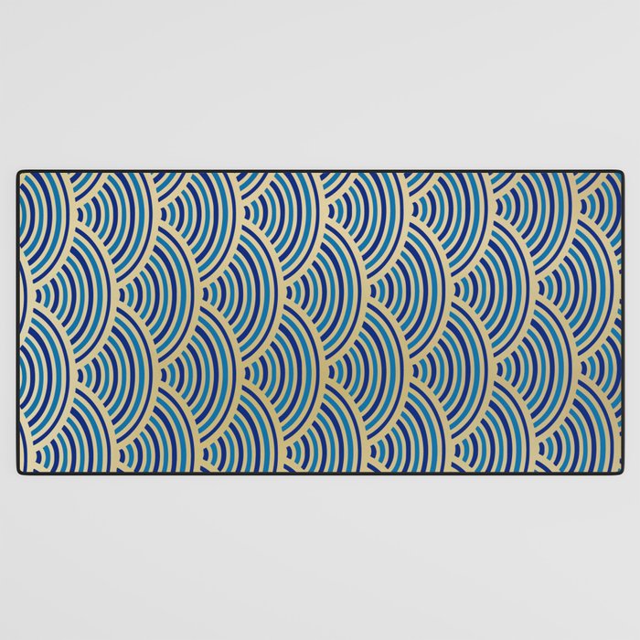 Festive, Art Deco, Wave, Pattern, Blue and Gold Desk Mat Gallery Image 3