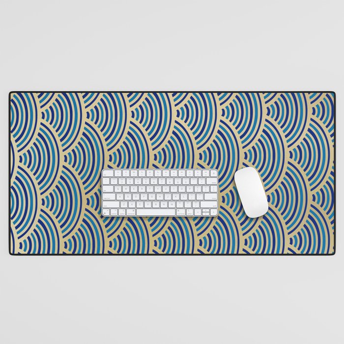 Festive, Art Deco, Wave, Pattern, Blue and Gold Desk Mat Gallery Image 1