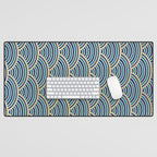 Festive, Art Deco, Wave, Pattern, Blue and Gold Desk Mat Gallery Image 1