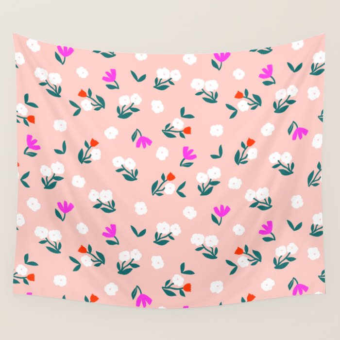 Dainty Blooms Pattern - Pink Wall Tapestry Gallery Image 1