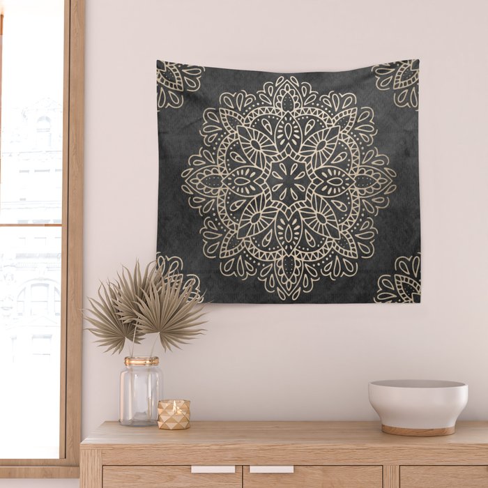 Mandala White Gold on Dark Gray Wall Tapestry Gallery Image 2