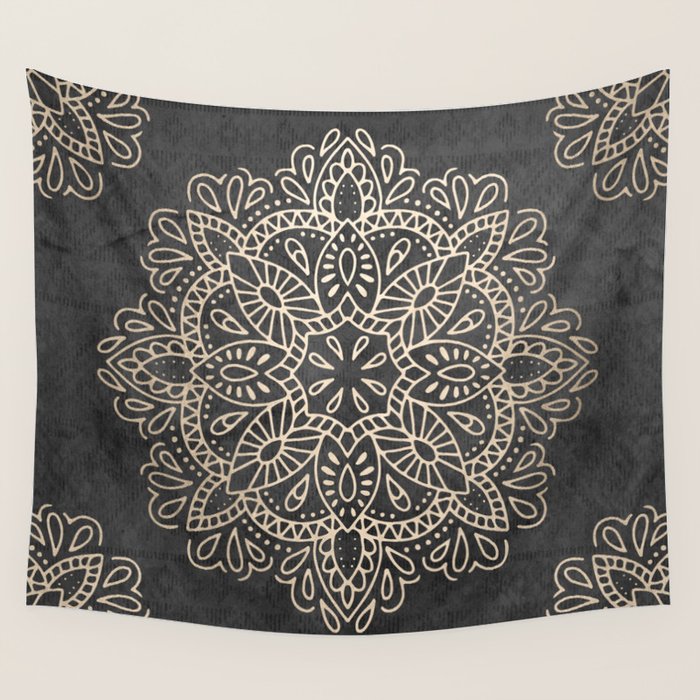 Mandala White Gold on Dark Gray Wall Tapestry Gallery Image 4