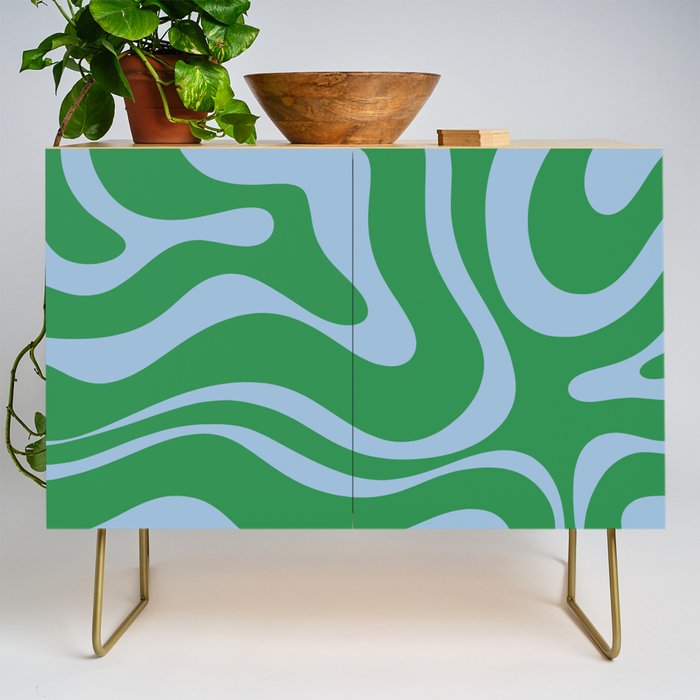 Green and Light Blue Modern Retro Liquid Swirl Abstract Pattern Credenza Gallery Image 1