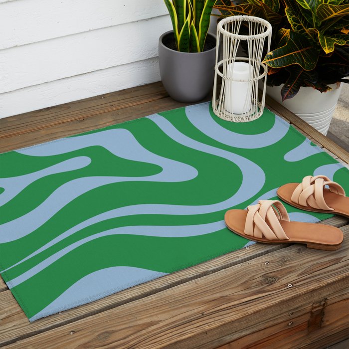 Green and Light Blue Modern Retro Liquid Swirl Abstract Pattern Outdoor Rug Gallery Image 2