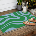Green and Light Blue Modern Retro Liquid Swirl Abstract Pattern Outdoor Rug Gallery Image 2