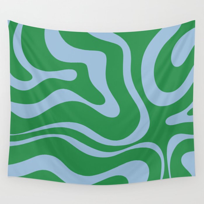 Green and Light Blue Modern Retro Liquid Swirl Abstract Pattern Wall Tapestry Gallery Image 1