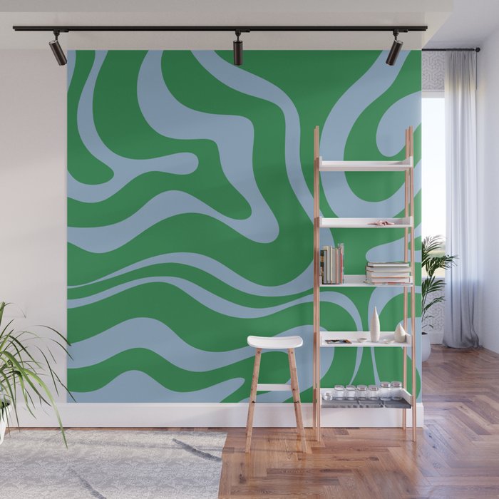 Green and Light Blue Modern Retro Liquid Swirl Abstract Pattern Wall Mural Gallery Image 1