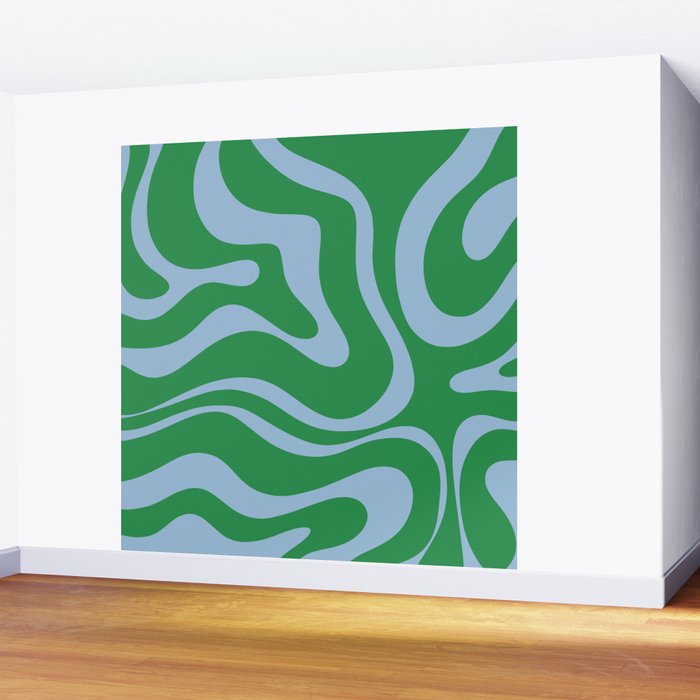 Green and Light Blue Modern Retro Liquid Swirl Abstract Pattern Wall Mural Gallery Image 2