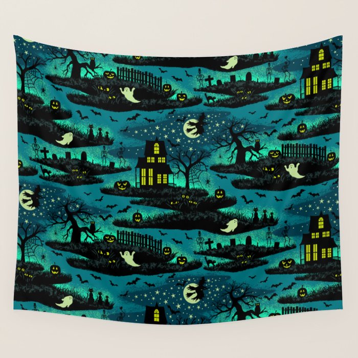 Halloween Night - Fox Fire Green Wall Tapestry Gallery Image 1