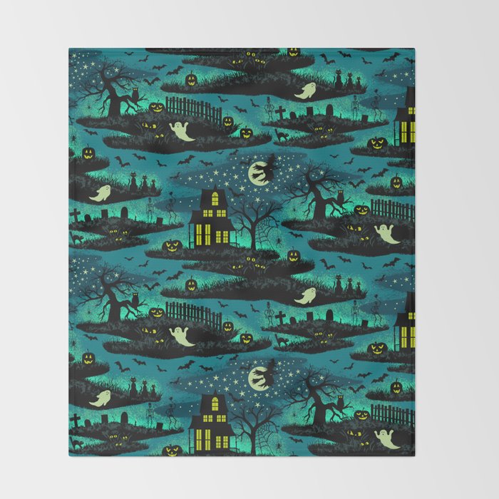 Halloween Night - Fox Fire Green Throw Blanket Gallery Image 2