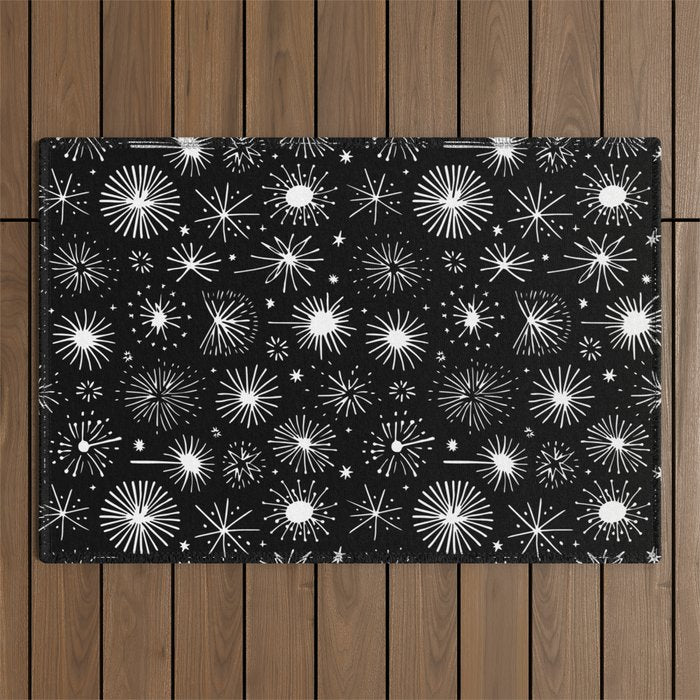 Black and white firework doodle pattern Outdoor Rug Gallery Image 1