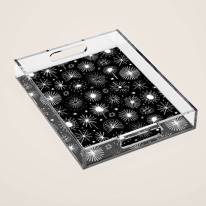 Black and white firework doodle pattern Acrylic Tray Gallery Image 1