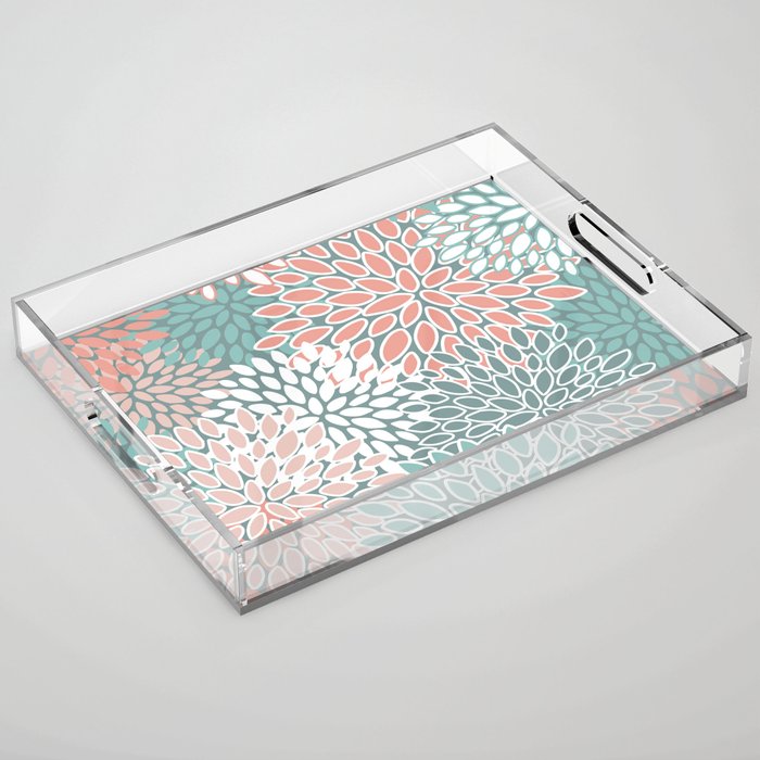 Festive, Floral Prints, Teal and Coral Acrylic Tray Gallery Image 1