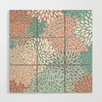 Festive, Floral Prints, Teal and Coral Wood Wall Art Gallery Image 1