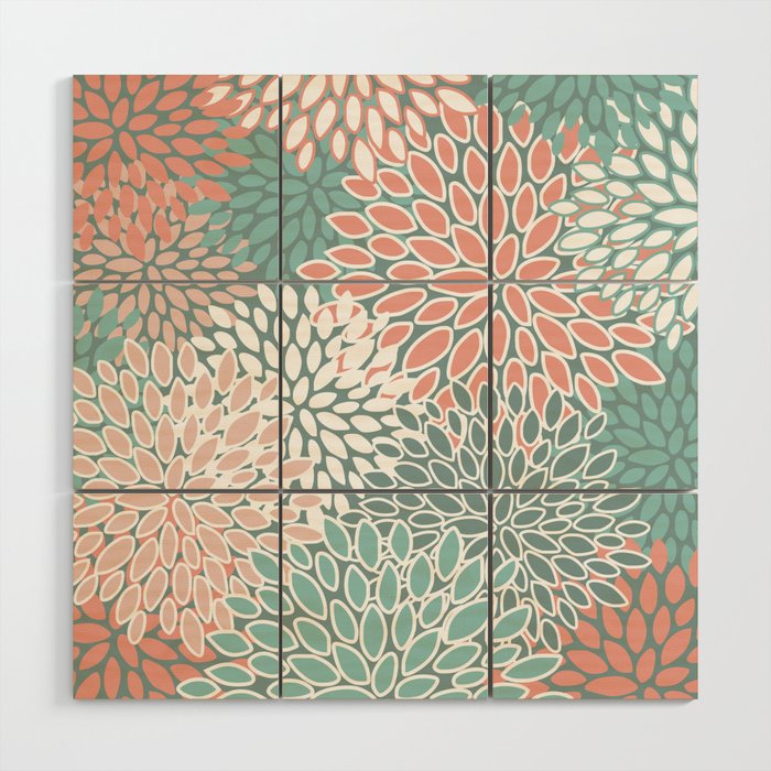 Festive, Floral Prints, Teal and Coral Wood Wall Art Gallery Image 1