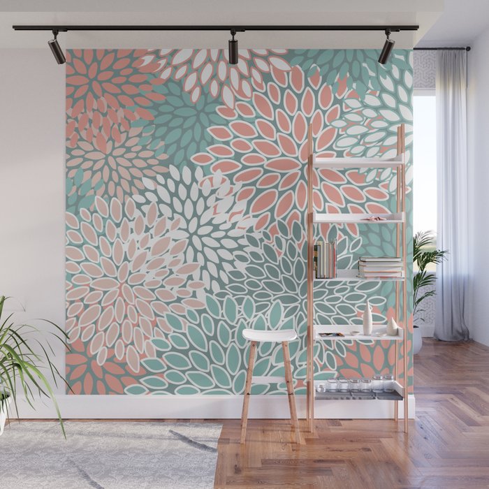 Festive, Floral Prints, Teal and Coral Wall Mural Gallery Image 1