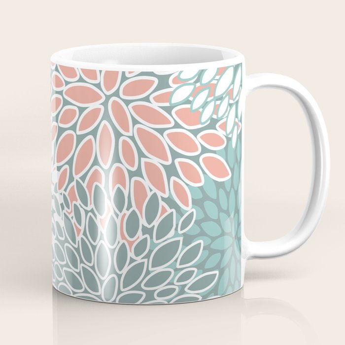 Festive, Floral Prints, Teal and Coral Coffee Mug Gallery Image 1