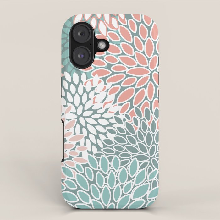 Festive, Floral Prints, Teal and Coral iPhone Case Gallery Image 1