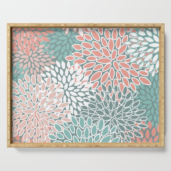 Festive, Floral Prints, Teal and Coral Serving Tray Gallery Image 1