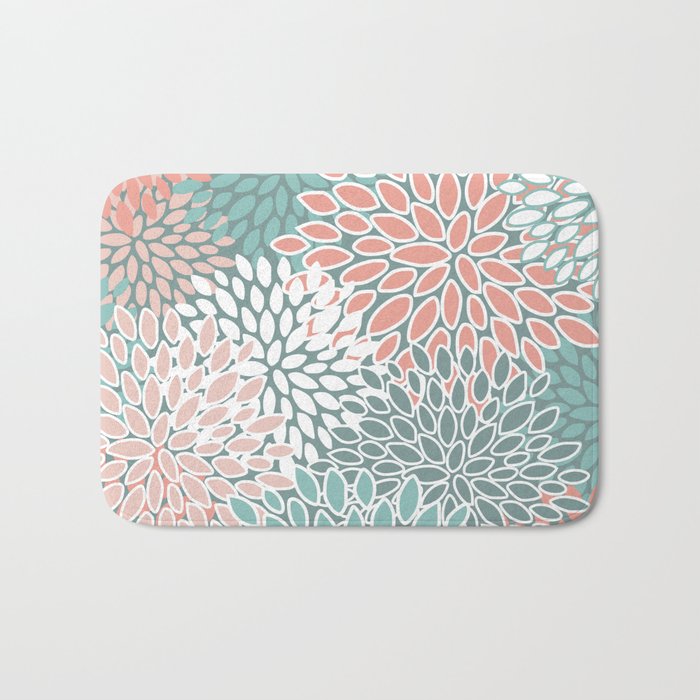 Festive, Floral Prints, Teal and Coral Bath Mat Gallery Image 1