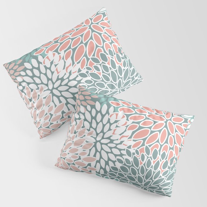 Festive, Floral Prints, Teal and Coral Pillow Sham Gallery Image 3