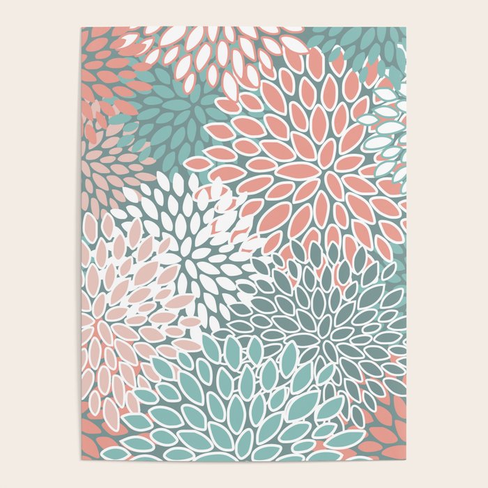 Festive, Floral Prints, Teal and Coral Poster Gallery Image 1