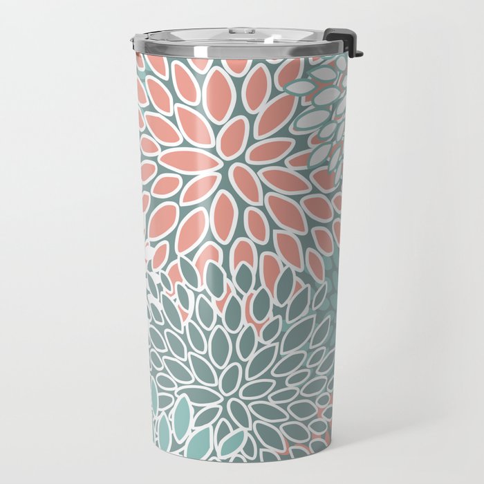 Festive, Floral Prints, Teal and Coral Travel Mug Gallery Image 2