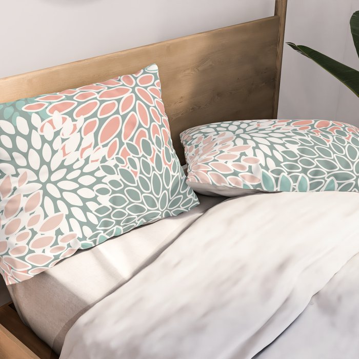 Festive, Floral Prints, Teal and Coral Pillow Sham Gallery Image 2