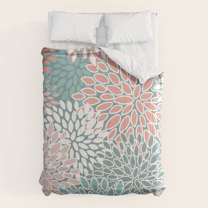 Festive, Floral Prints, Teal and Coral Comforter Gallery Image 1