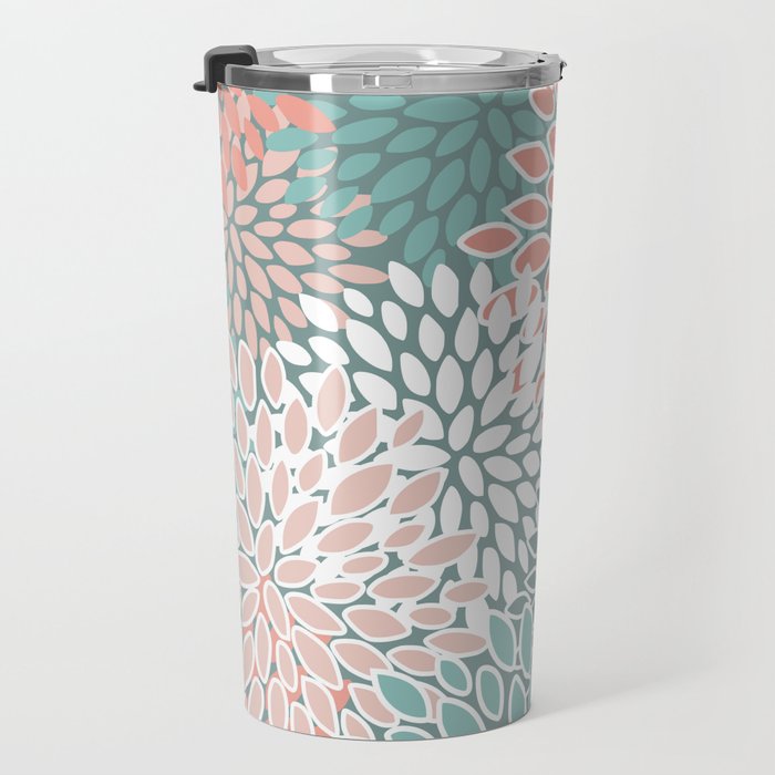 Festive, Floral Prints, Teal and Coral Travel Mug Gallery Image 3