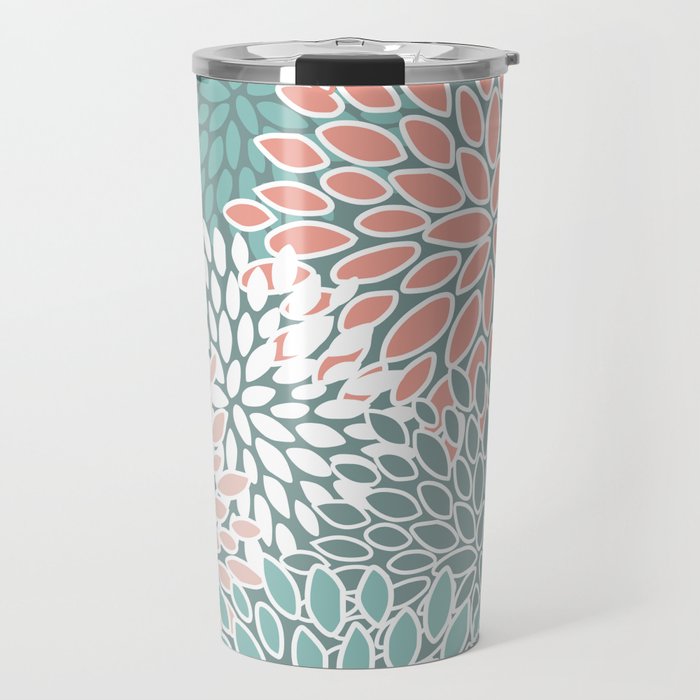 Festive, Floral Prints, Teal and Coral Travel Mug Gallery Image 1