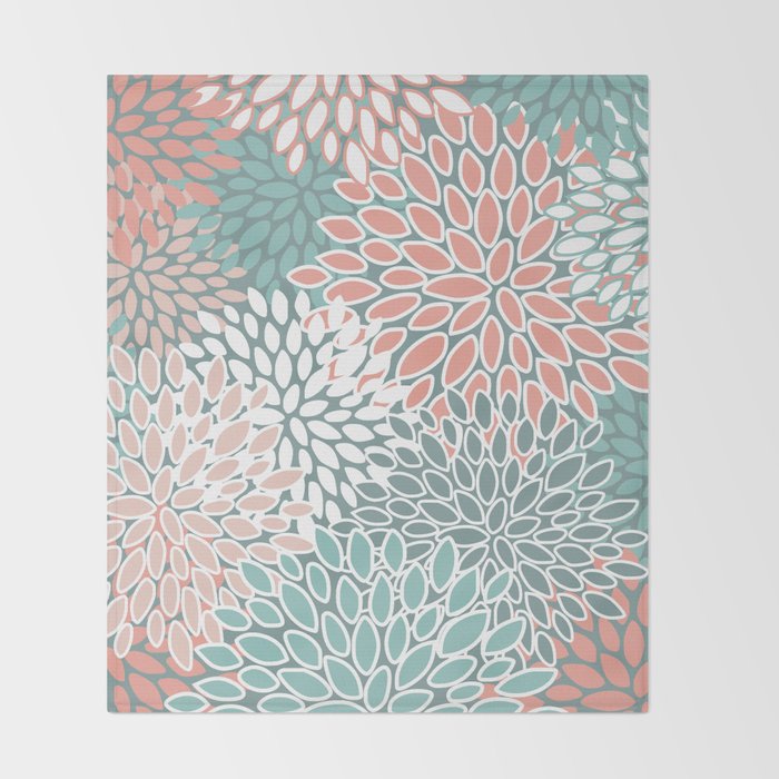 Festive, Floral Prints, Teal and Coral Throw Blanket Gallery Image 2