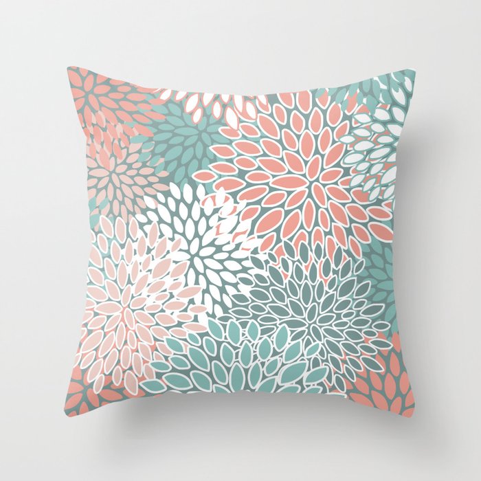 Festive, Floral Prints, Teal and Coral Throw Pillow Gallery Image 1