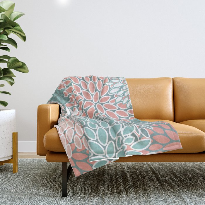 Festive, Floral Prints, Teal and Coral Throw Blanket Gallery Image 1