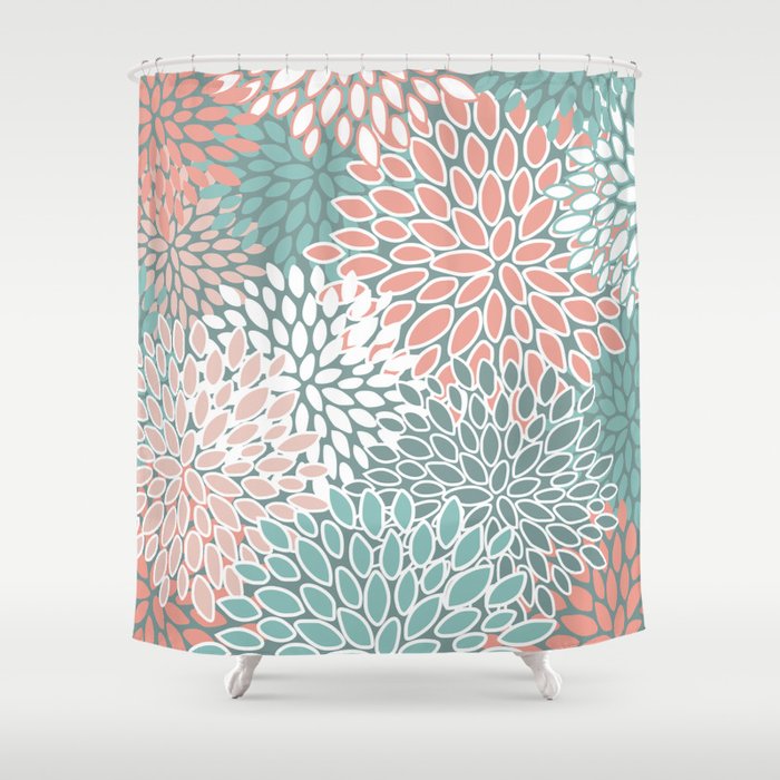 Festive, Floral Prints, Teal and Coral Shower Curtain Gallery Image 1