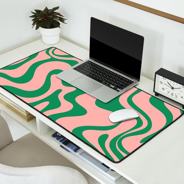 Liquid Swirl Retro Abstract Pattern in Pink and Bright Green Desk Mat Gallery Image 2