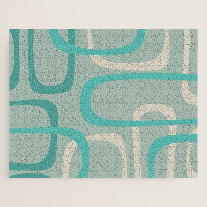Fine Loops Mid-Century Modern Minimalist Abstract Pattern in Vintage Teal, Buff, and Celadon Blue Jigsaw Puzzle Gallery Image 1