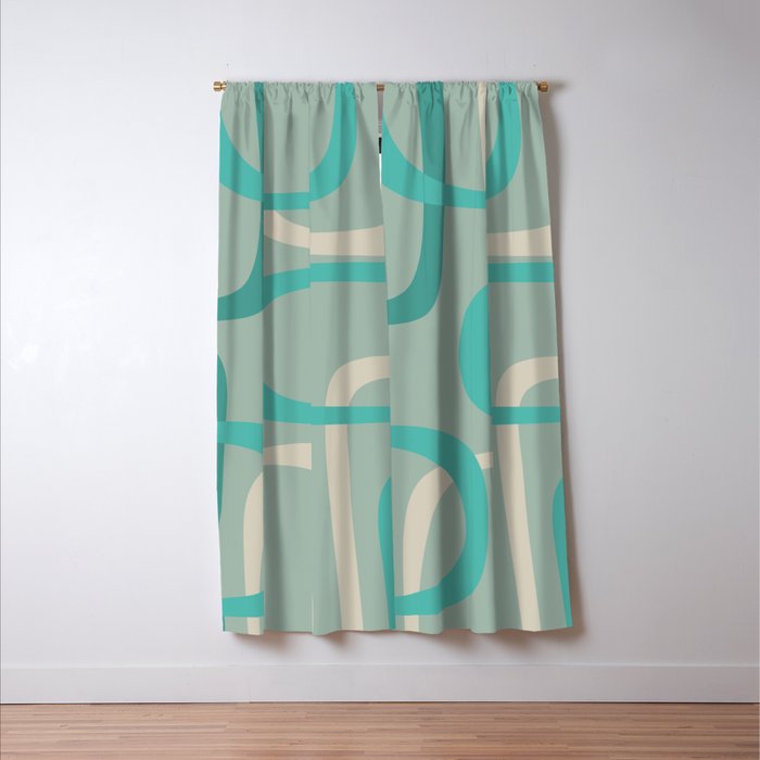 Fine Loops Mid-Century Modern Minimalist Abstract Pattern in Vintage Teal, Buff, and Celadon Blue Window Curtain Gallery Image 3