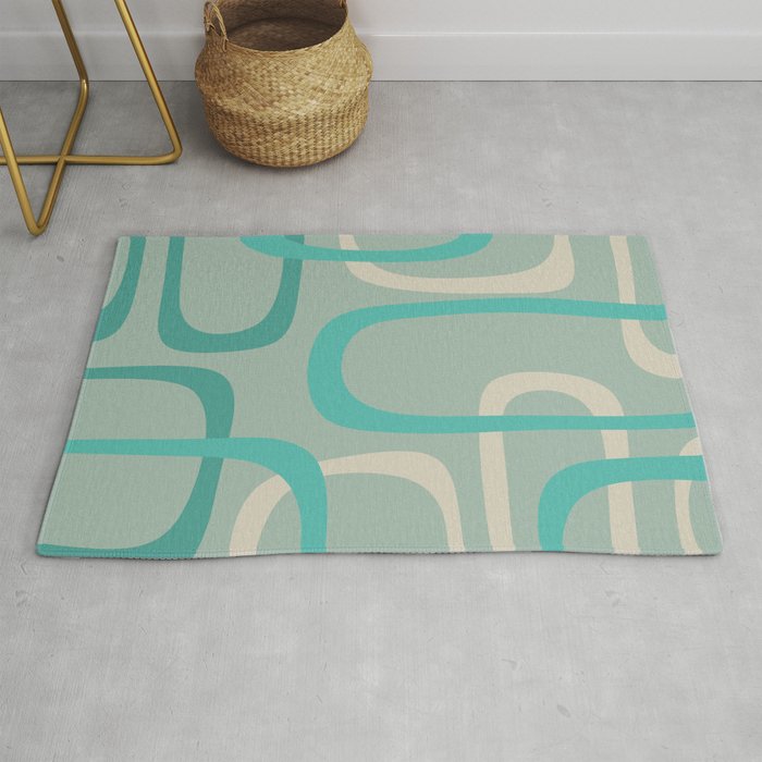 Fine Loops Mid-Century Modern Minimalist Abstract Pattern in Vintage Teal, Buff, and Celadon Blue Rug Gallery Image 1