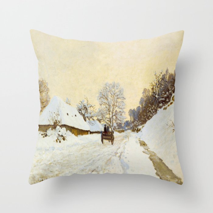 Claude Monet Impressionist Landscape Oil Painting A Cart on the Snowy Road at Honfleur Throw Pillow Gallery Image 6