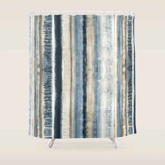 Distressed Blue and White Watercolor Stripe Shower Curtain Gallery Image 1