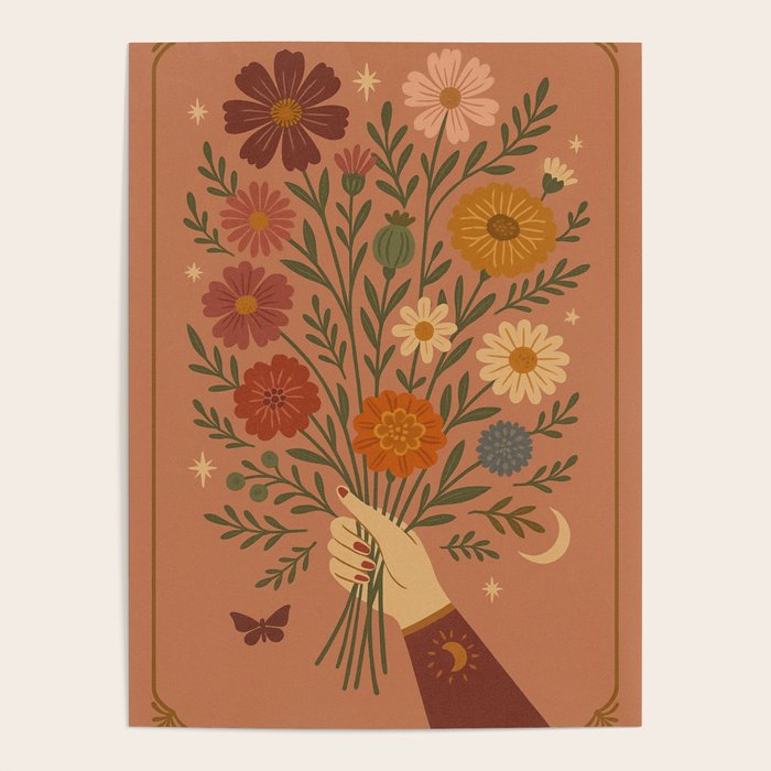 Folk Bouquet - Whimsical Hand Holding Wildflowers under Moon and Stars Poster Gallery Image 4