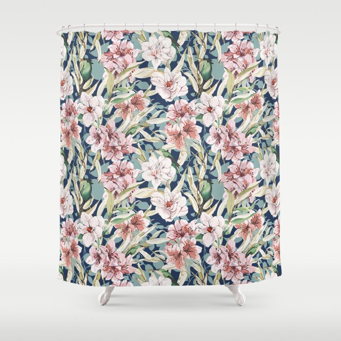 Birds in lush night garden flowers Shower Curtain Gallery Image 1