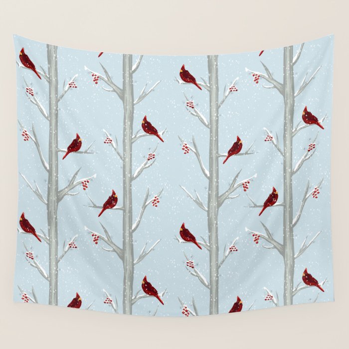 Red Cardinal Bird In The Winter Forest Wall Tapestry Gallery Image 1
